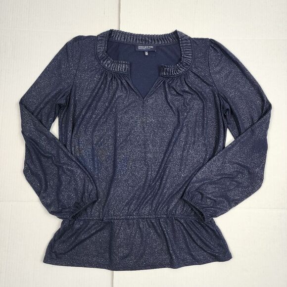 Jones New York Metallic Top Navy Silver Peplum Long Sleeve Pullover Size MP - Picture 15 of 15